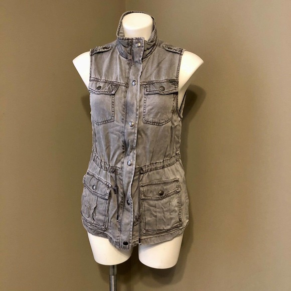 Max Jeans Utility Vest Small Gray 4 Pockets Full Zip w/ Snaps Adjustable Waist - Picture 5 of 11